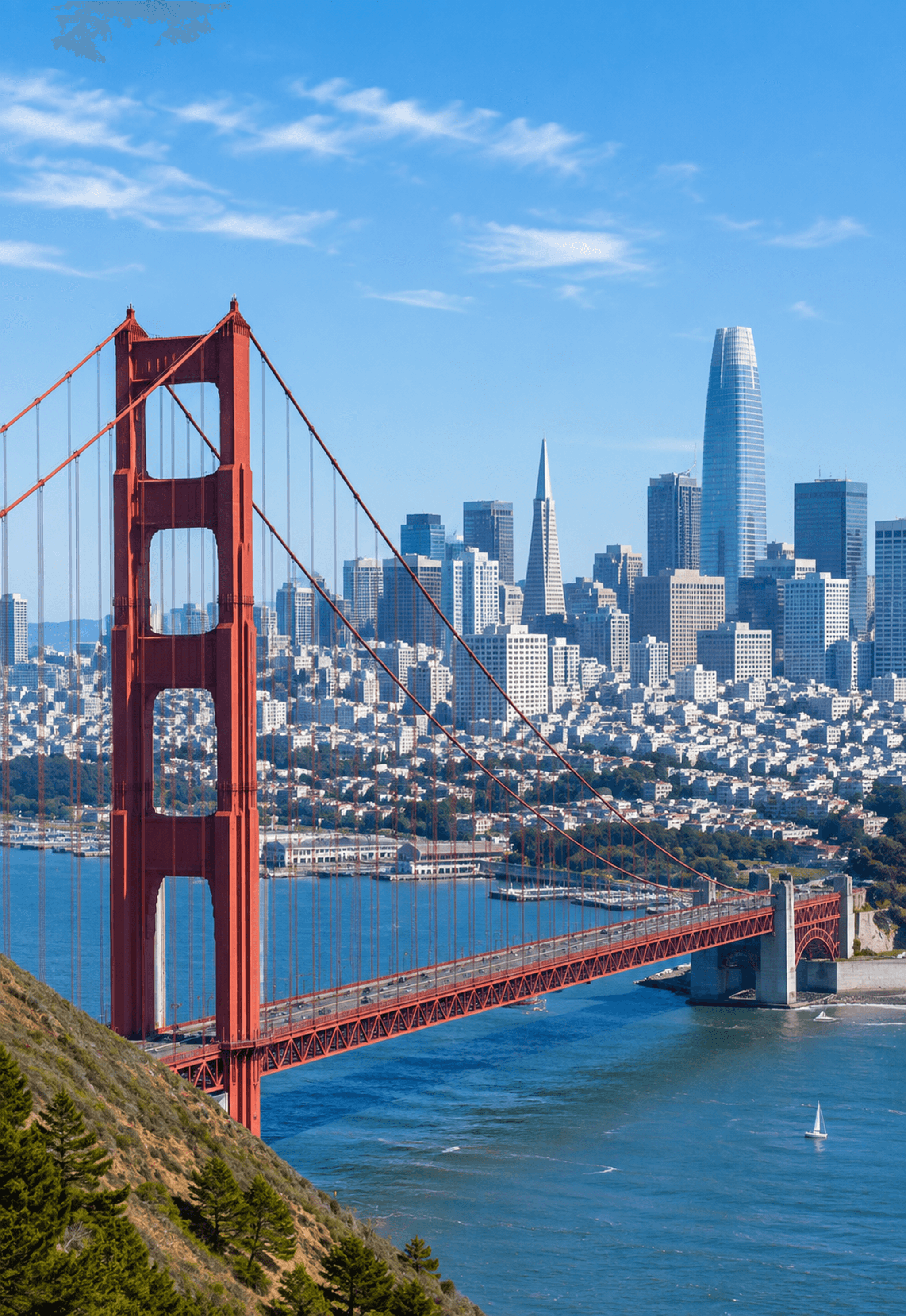 Golden Gate Bridge tower overlooking the San Francisco Bay and city skyscrapers